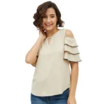 Generic Women’s Polyester Tiered Cold Shoulder Top (Beige)