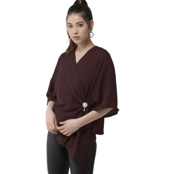 Generic Women's Polyester Solid Cape Sleeve Top (Maroon)