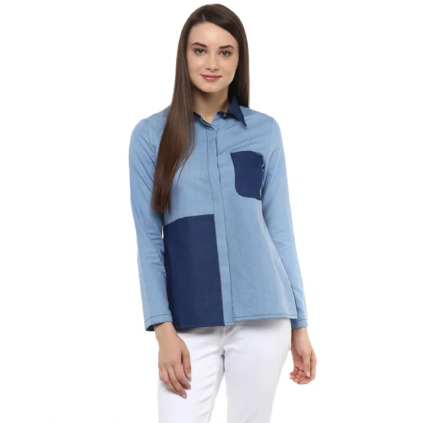 Generic Women's Denim Patch Work Long Sleeves Regular Top (Blue)