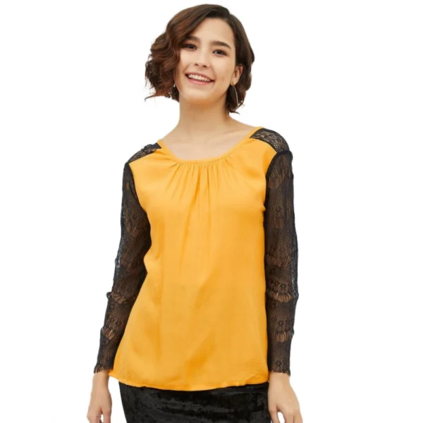 Generic Women's Rayon Lace Inserts Long Sleeves Top (Yellow)