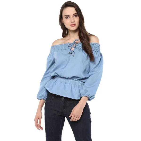 Generic Women's Denim Solid 3-4th Sleeves Regular Top (Blue)