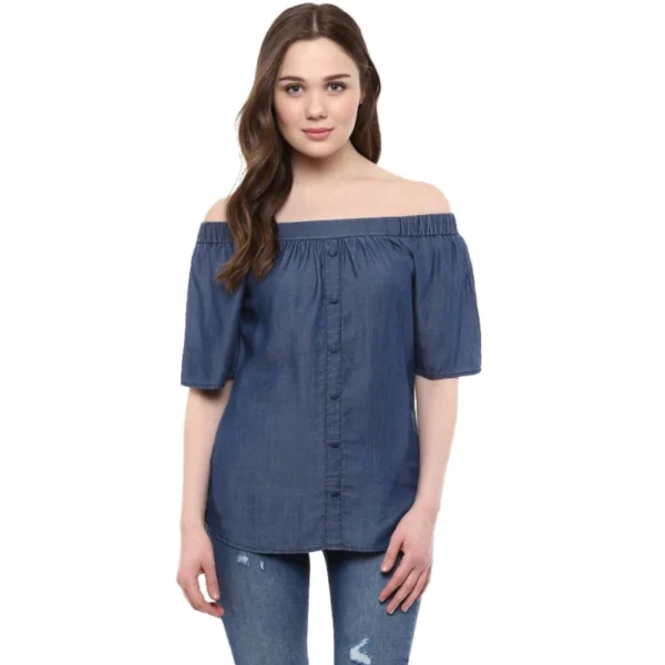 Generic Women's Denim Solid Short Sleeve Regular Top (Blue)