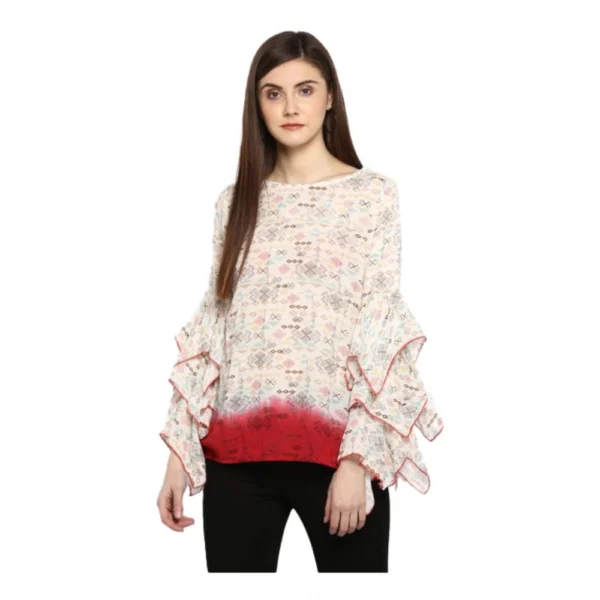 Generic Women's Rayon Crepe Printed Ruffle Sleeve Top (Off White - Red)