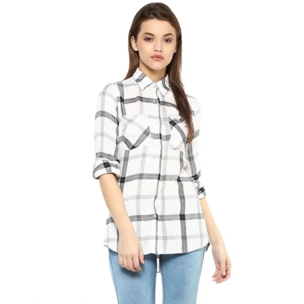 Generic Women's Rayon Checkered Long Sleeves Standard Length Shirt (Black - White)