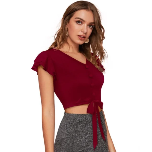 Generic Women's Polyester Solid Short Sleeves V Neck Top (Maroon) - Image 5