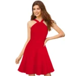 Generic Women’s Knitting strachable Solid Halter Neck Sleeveless Dresses (Red )