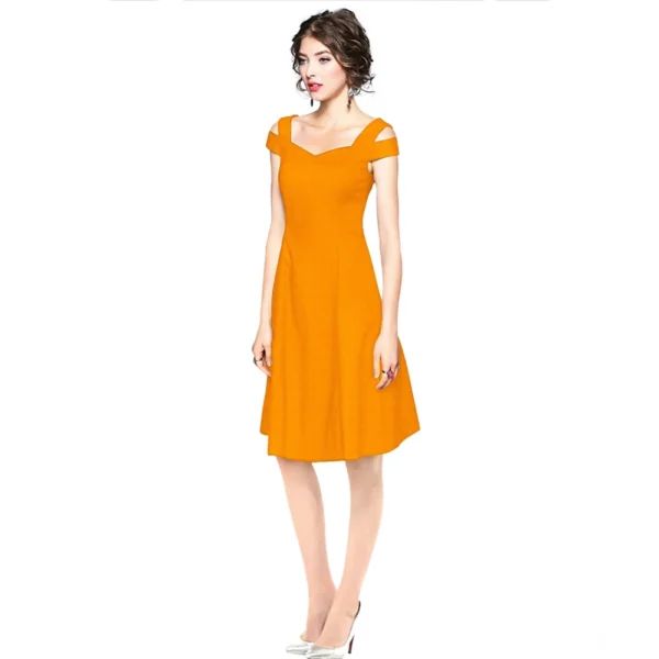 Generic Women's Polyster Solid V Neck Cap Sleeve off Sholder Dresses (Yellow) - Image 3